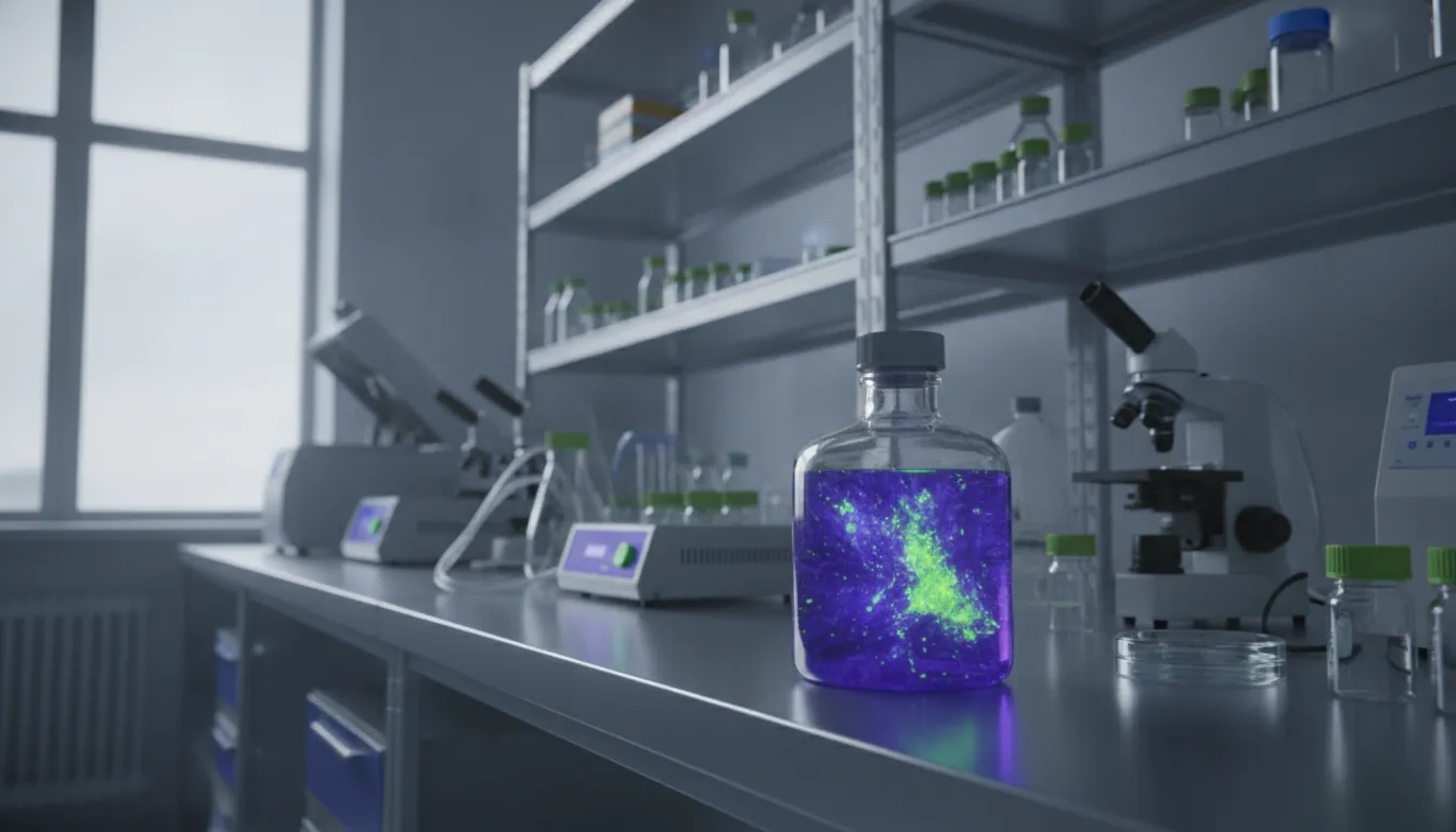 A cell culture flask in a laboratory setting