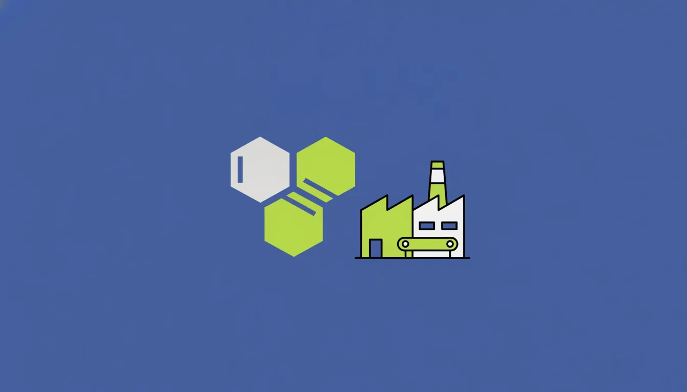 A flat design of a drug compound and a manufacturing facility silhouette.