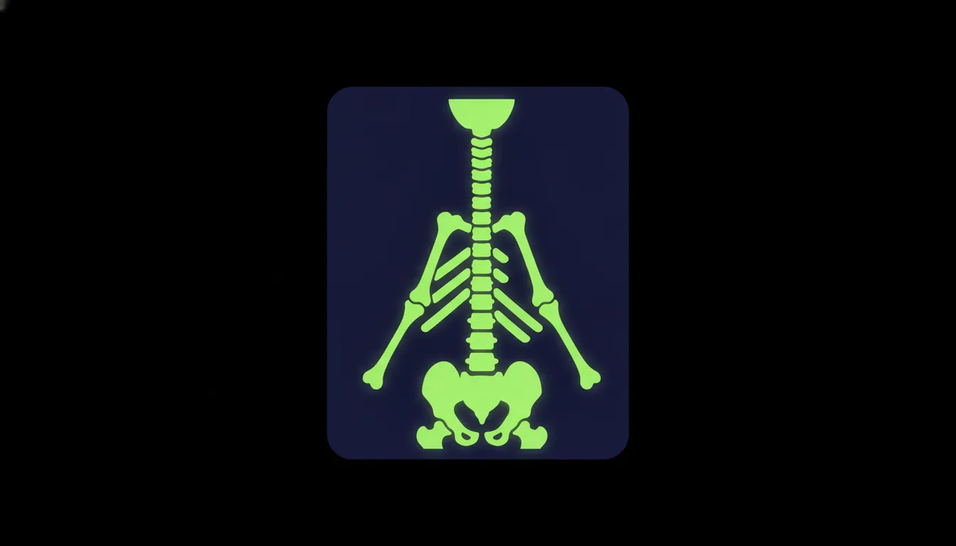 A minimalist representation of an X-ray film highlighting a bone structure in lime green against a dark background.