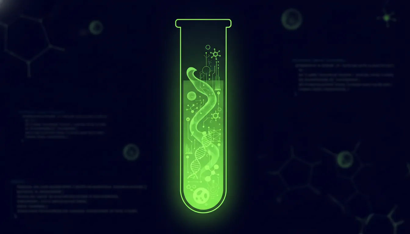 A minimalist illustration of a test tube filled with liquid against a dark background, representing life sciences compliance.