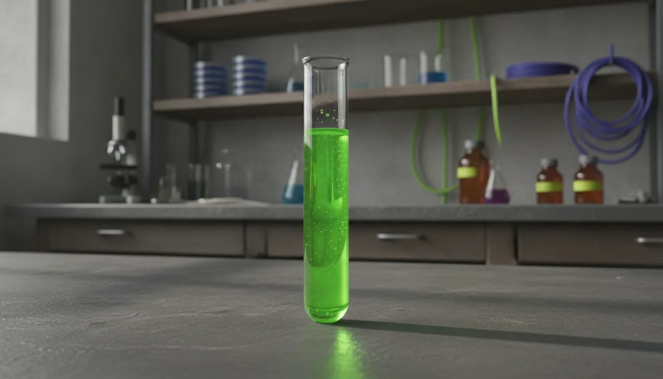 A test tube with green liquid in a lab setting