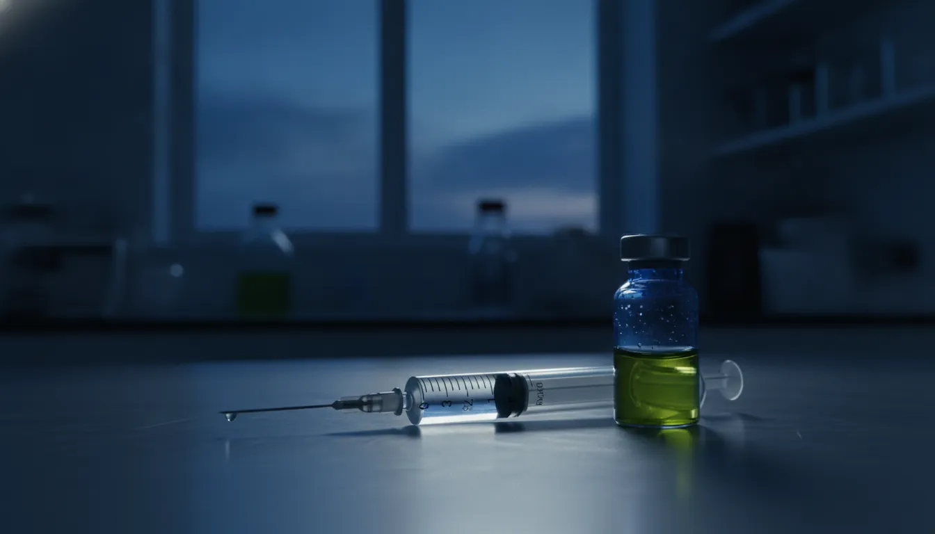 A syringe and vial in a dimly lit lab setting