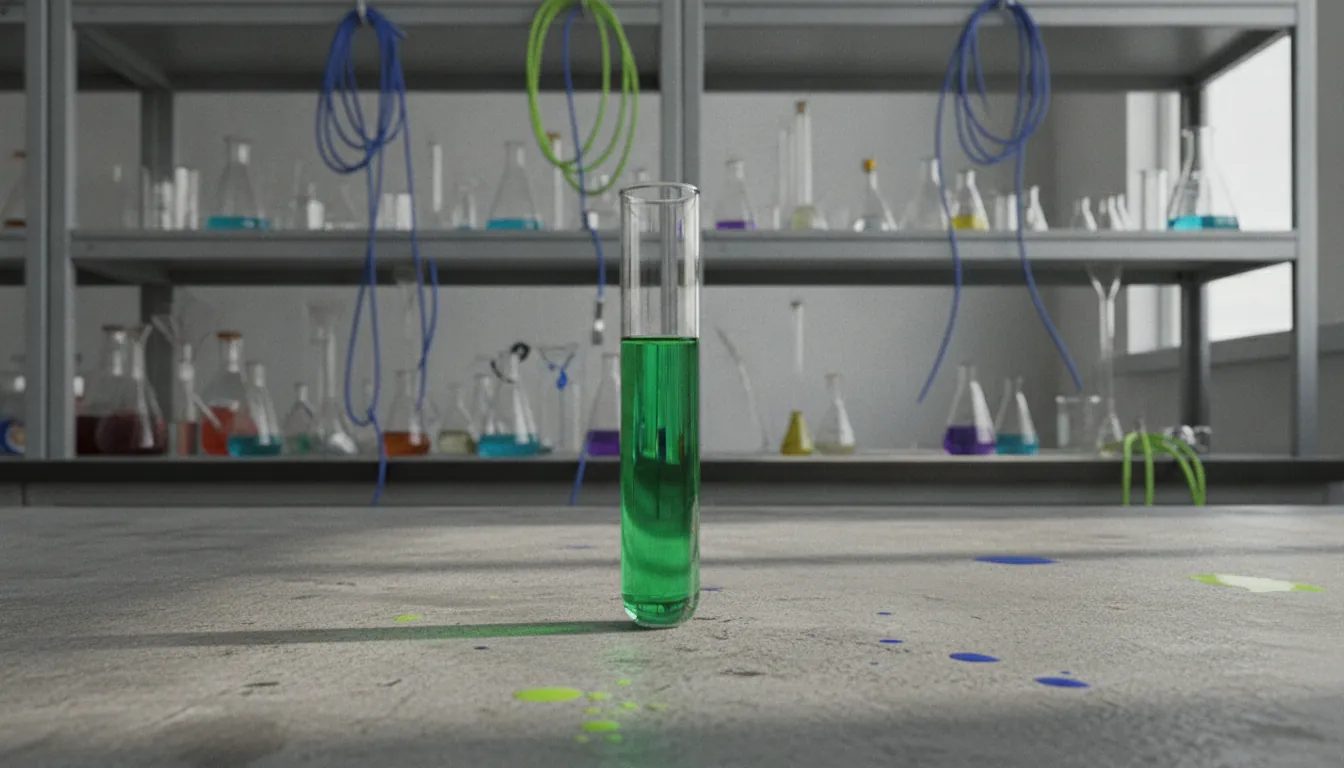 A test tube with green solution in a lab setting