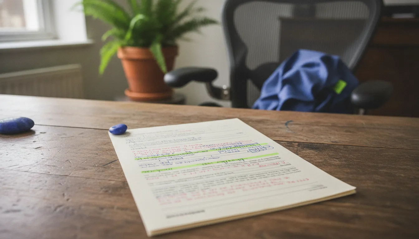 A regulatory document on a desk in a clinical office setting