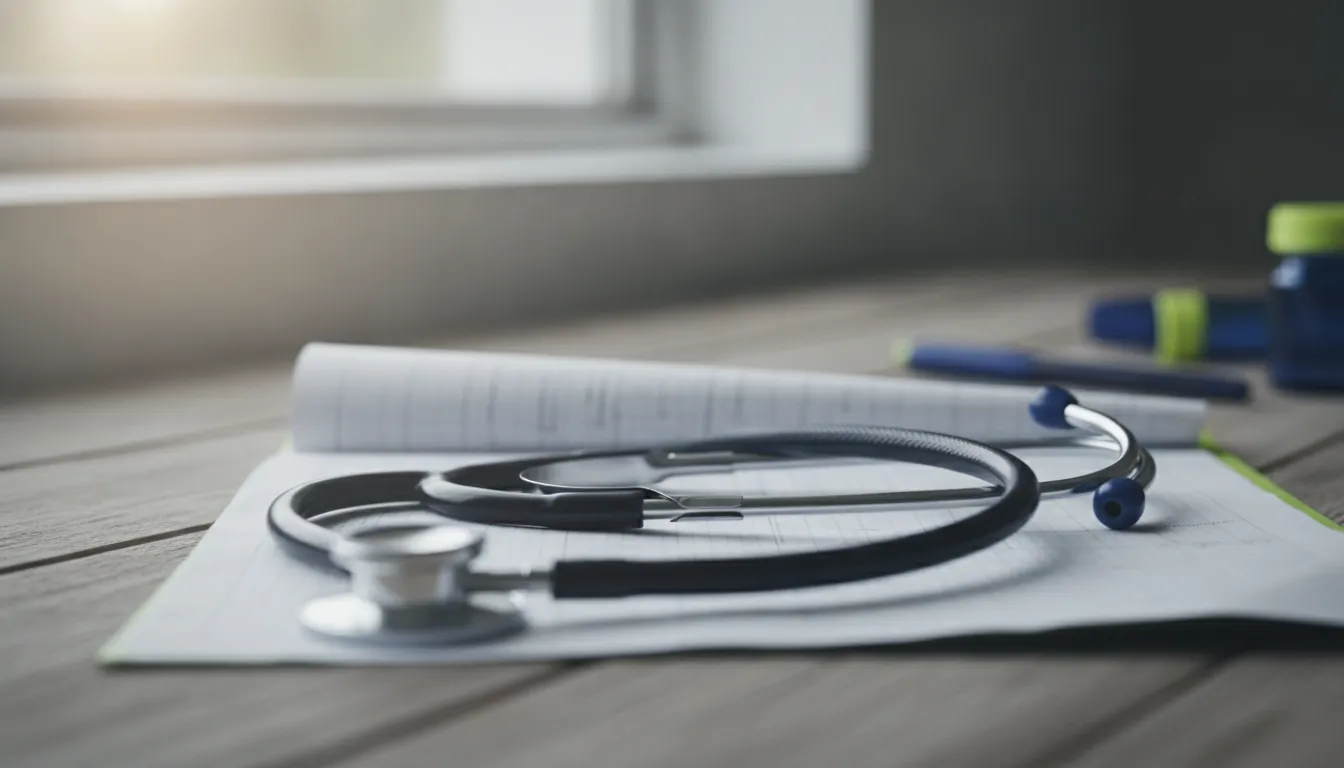 A stethoscope on a medical chart in a doctor's office