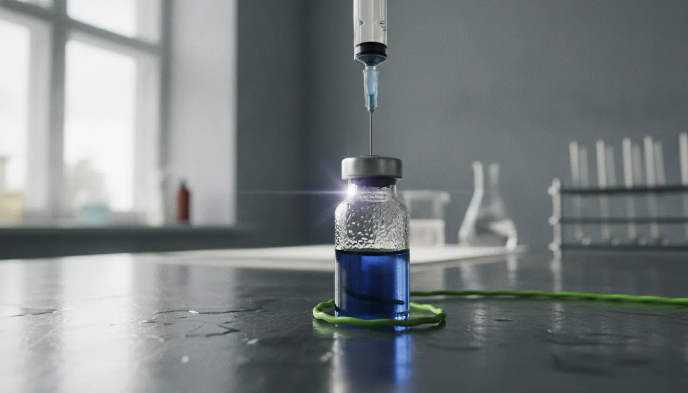 A syringe and medical vial in a clinical lab setting