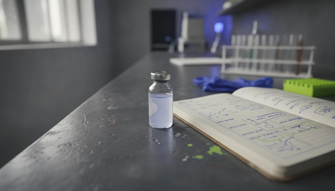 A nanobody protein sample on a lab bench with a research notebook in the background.