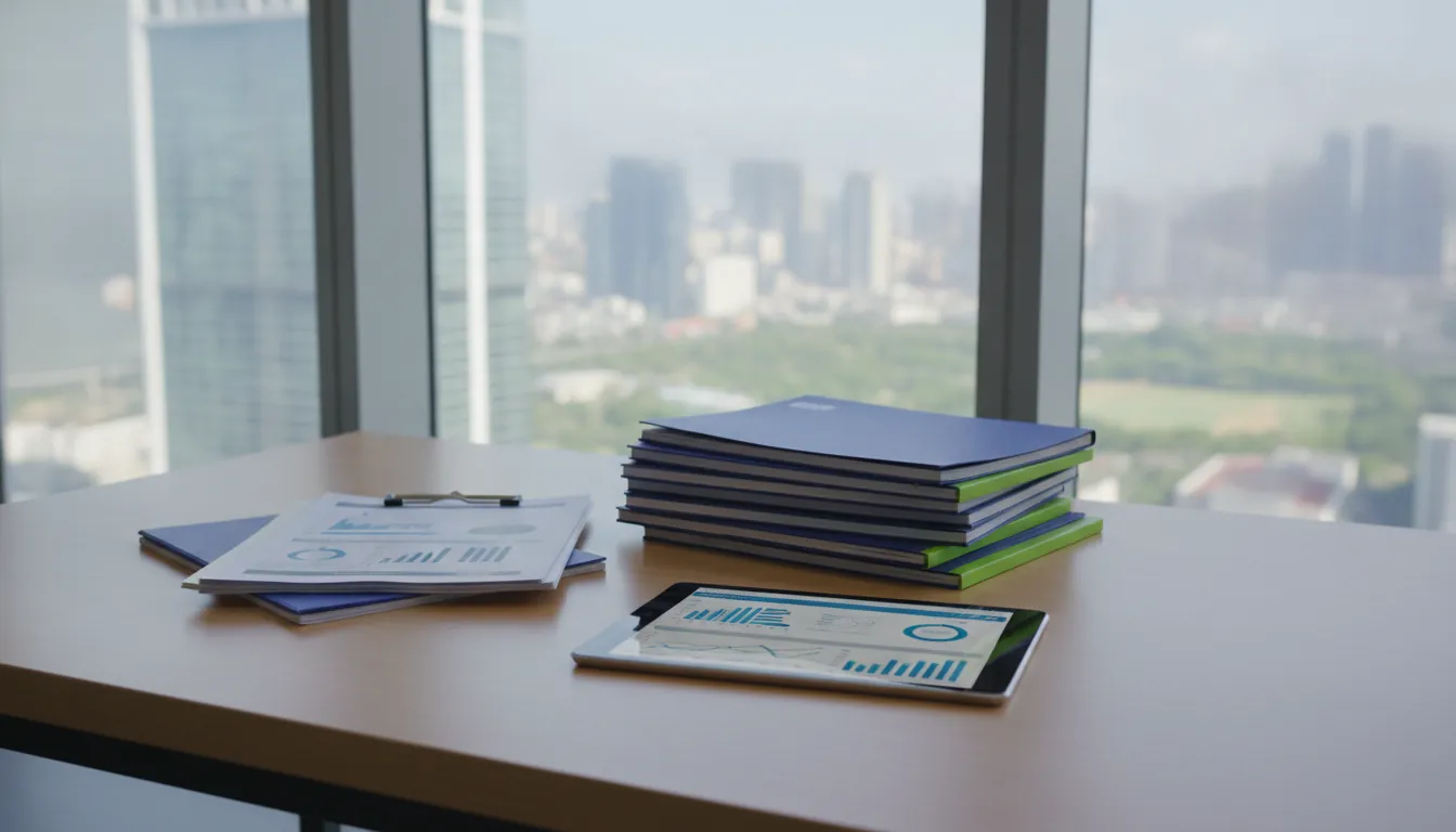 An office desk with healthcare data reports and a tablet in a modern setting.