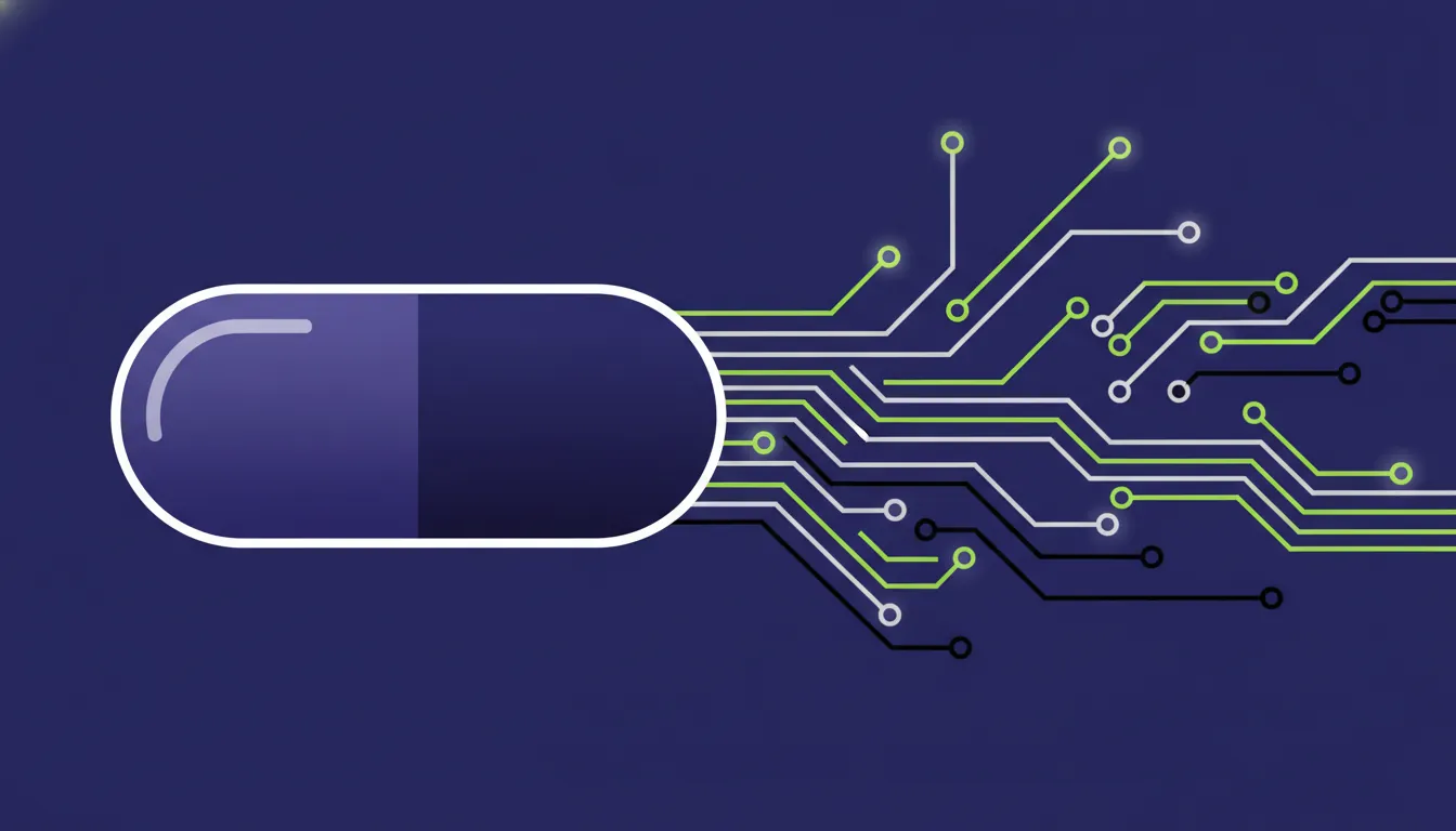 A minimalist illustration of a pill and circuit symbolizing AI in pharmaceuticals.