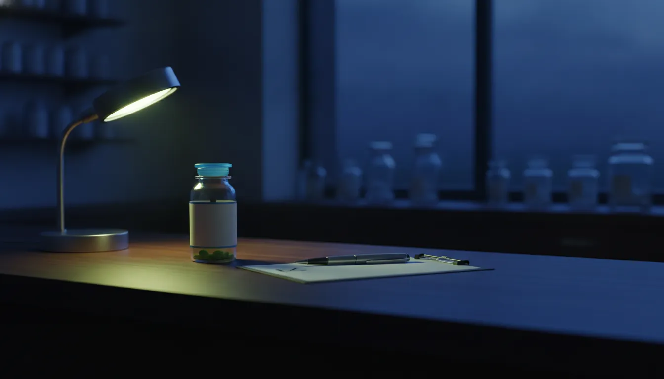 A pill bottle and prescription pad on a pharmacy counter in soft light