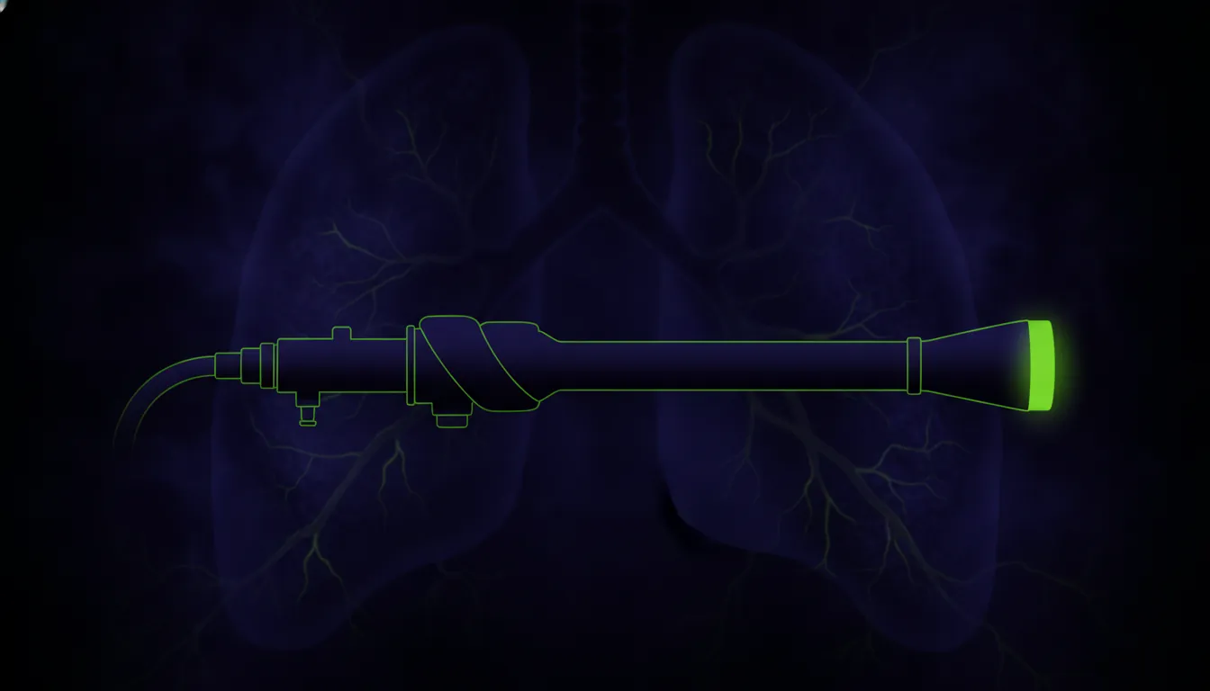 A minimalist illustration of a bronchoscope in a dark palette.