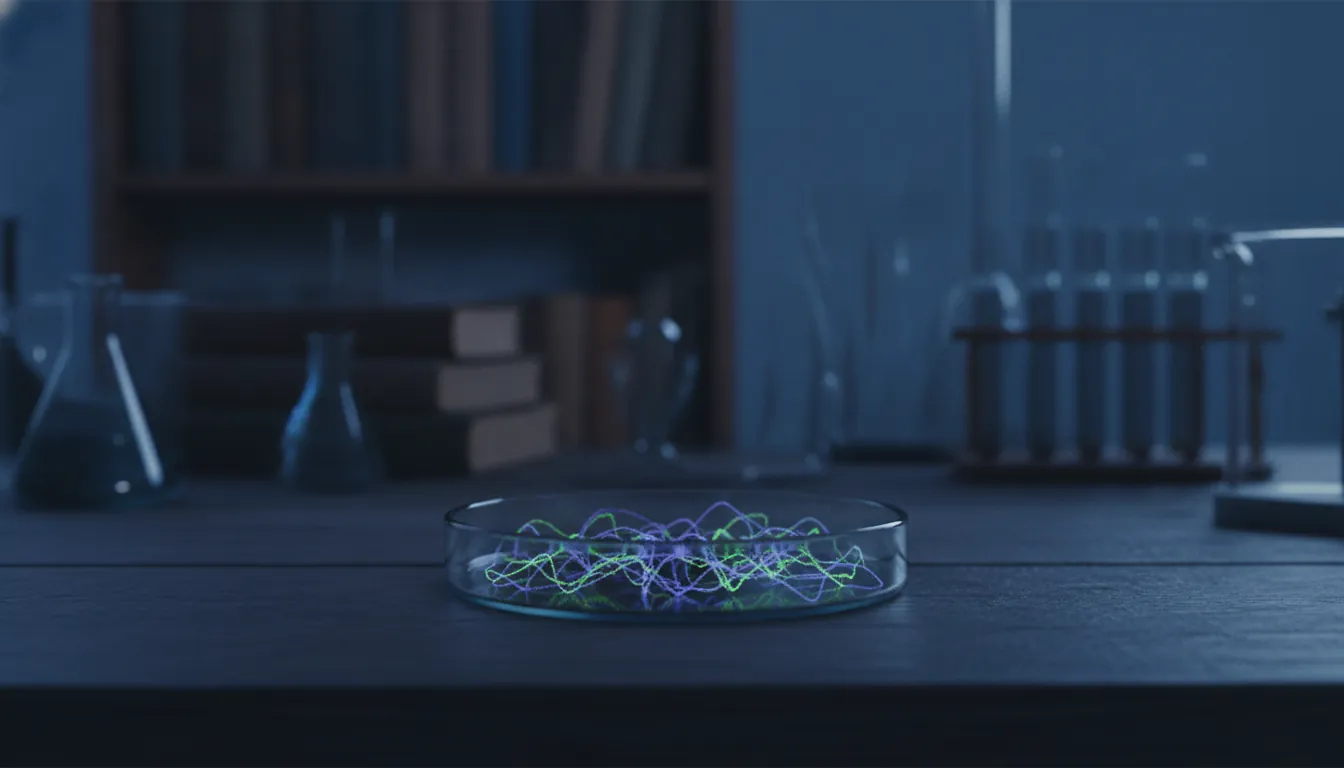 A petri dish with RNA sequences in a dimly lit lab setting.