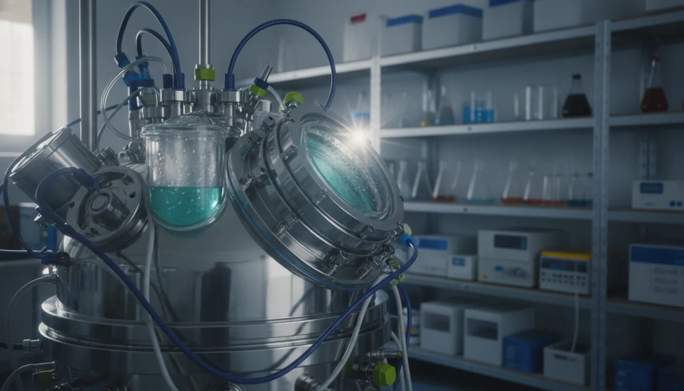 A bioreactor in a biomanufacturing lab, showcasing intricate details and lab equipment in the background.