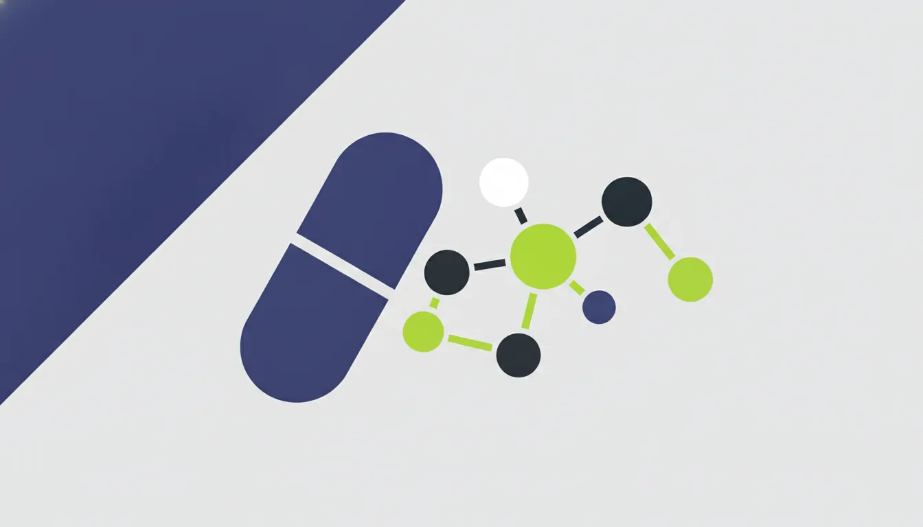 A minimalist representation of a pill and a molecule in flat design.