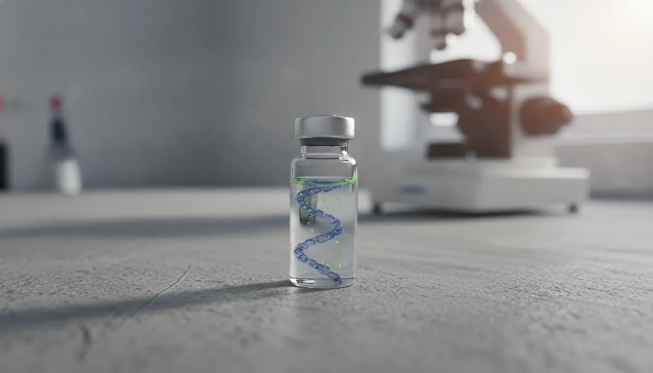 A DNA sample in a vial on a lab bench with a microscope in the background.