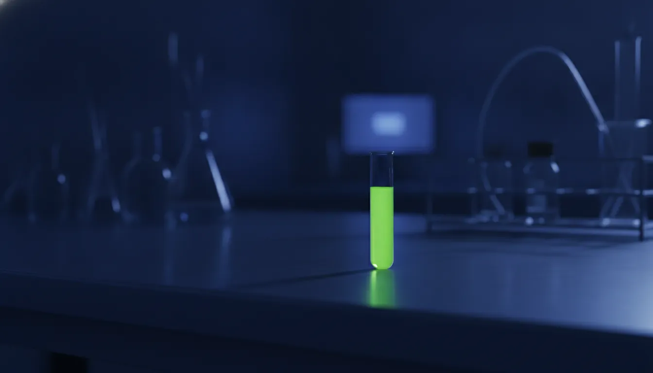 A test tube on a lab bench in a dimly lit laboratory