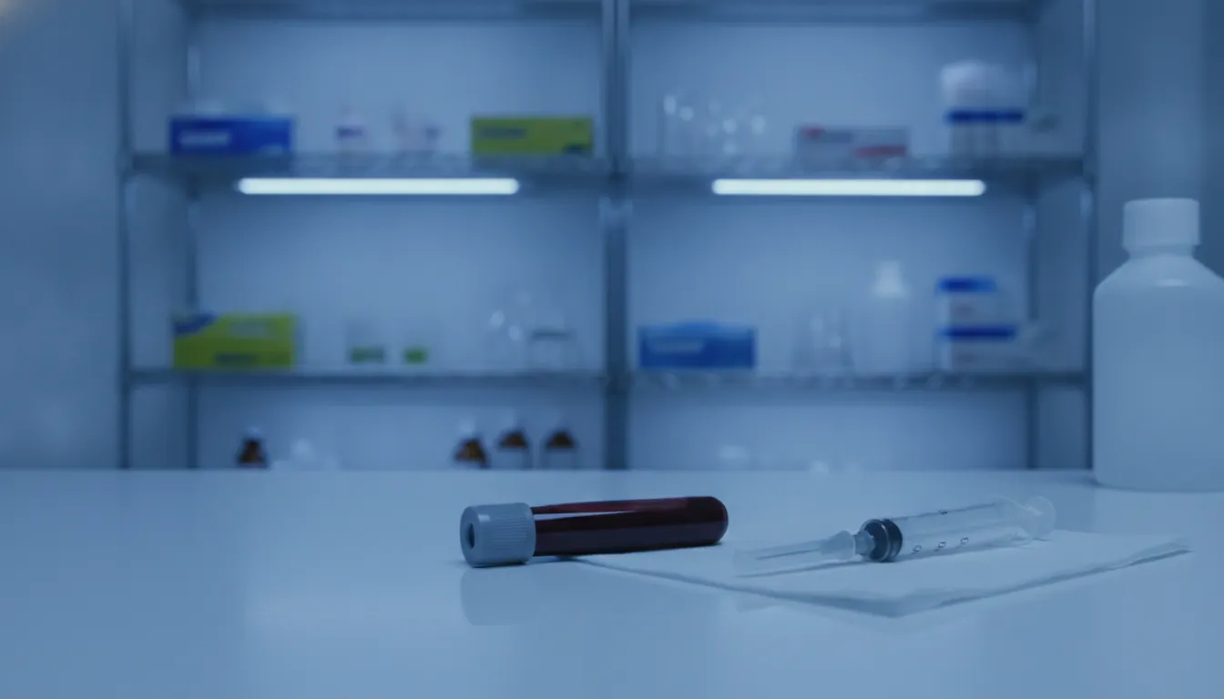 A vial of blood and syringe in a dimly lit lab