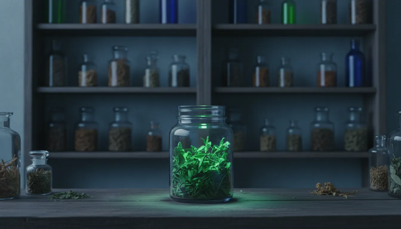 A jar of herbal medicine in a dimly lit lab setting