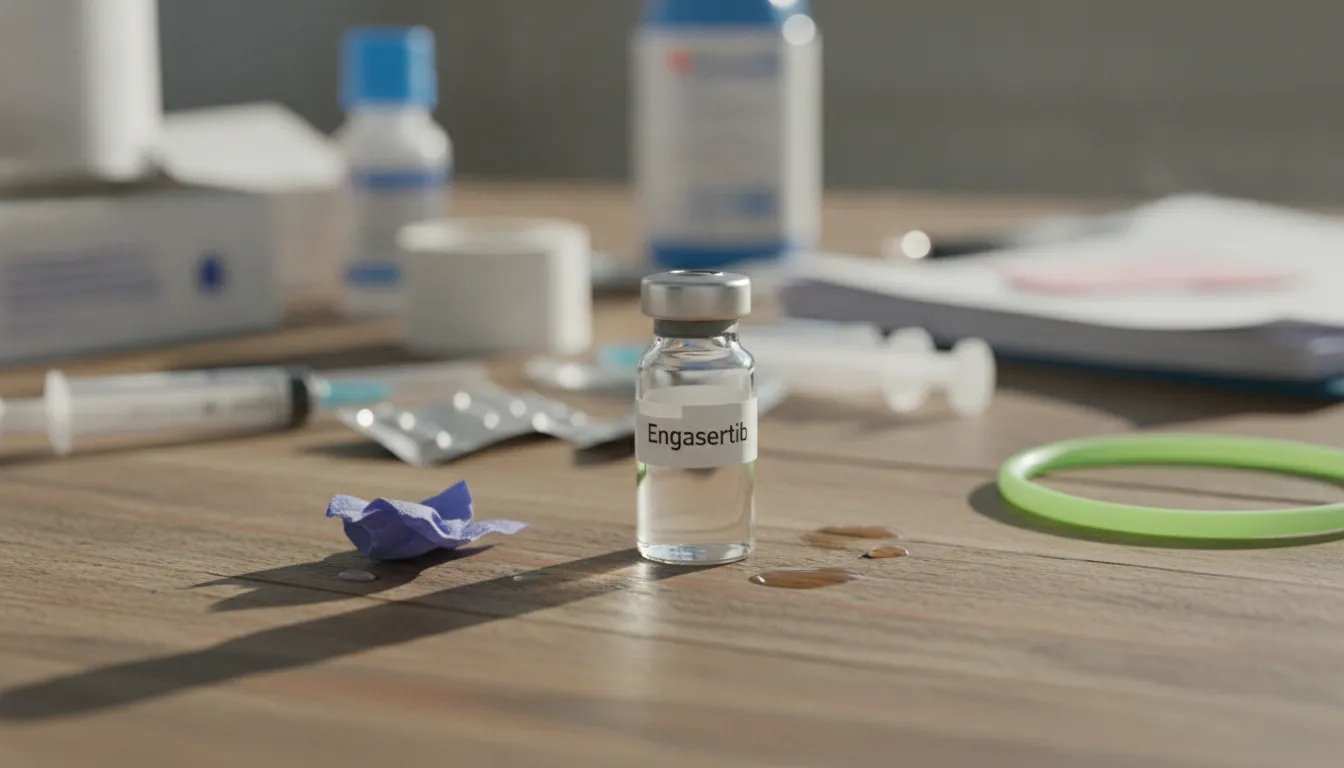 A vial of engasertib on a table at a clinical trial site