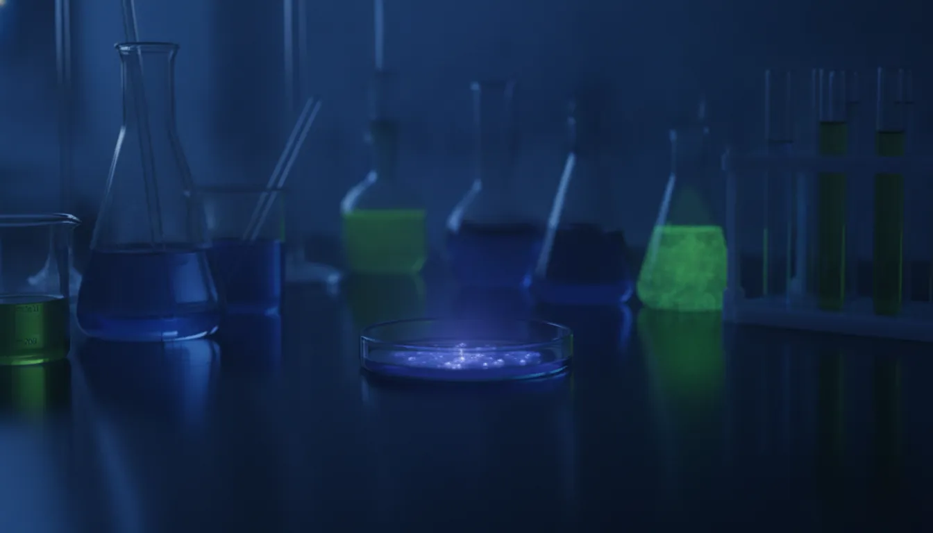 A petri dish containing an engineered protein sample in a dimly lit lab.