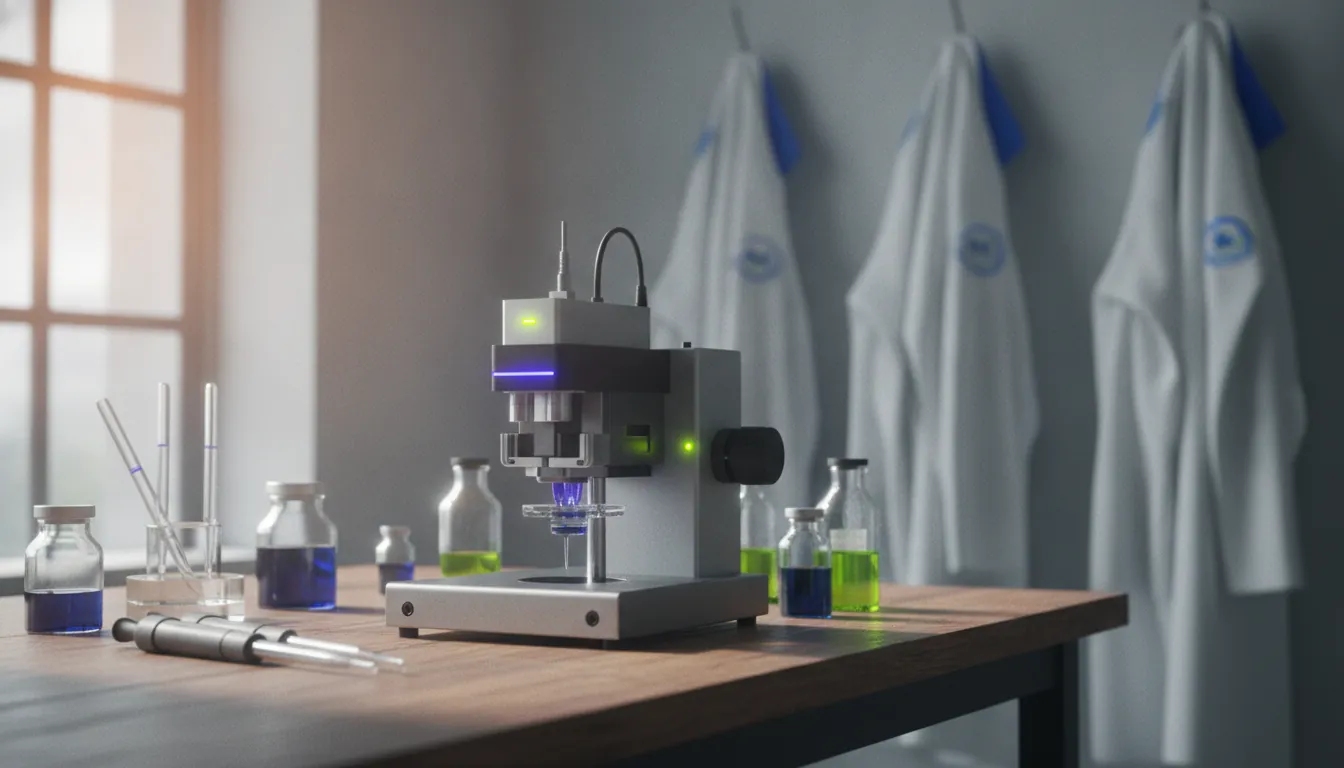 A base editing tool on a lab bench with scientific instruments in a laboratory setting.