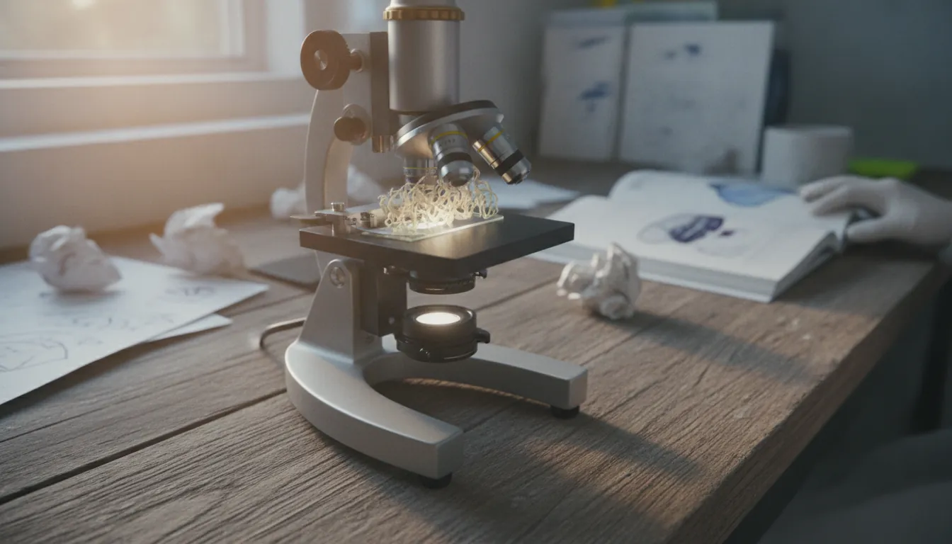 A tau protein sample viewed through a microscope in a lab setting.