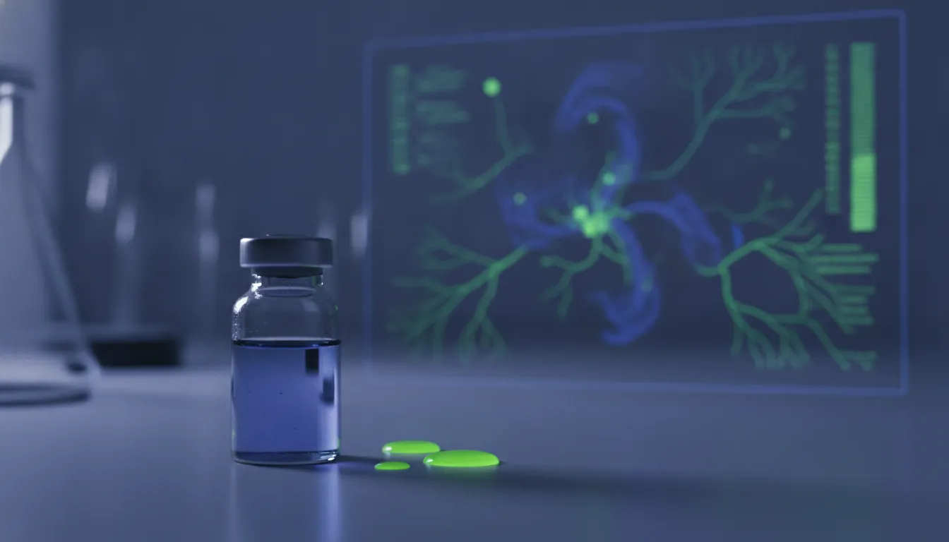 A clinical trial vial on a lab bench with an AI simulation model in the background.