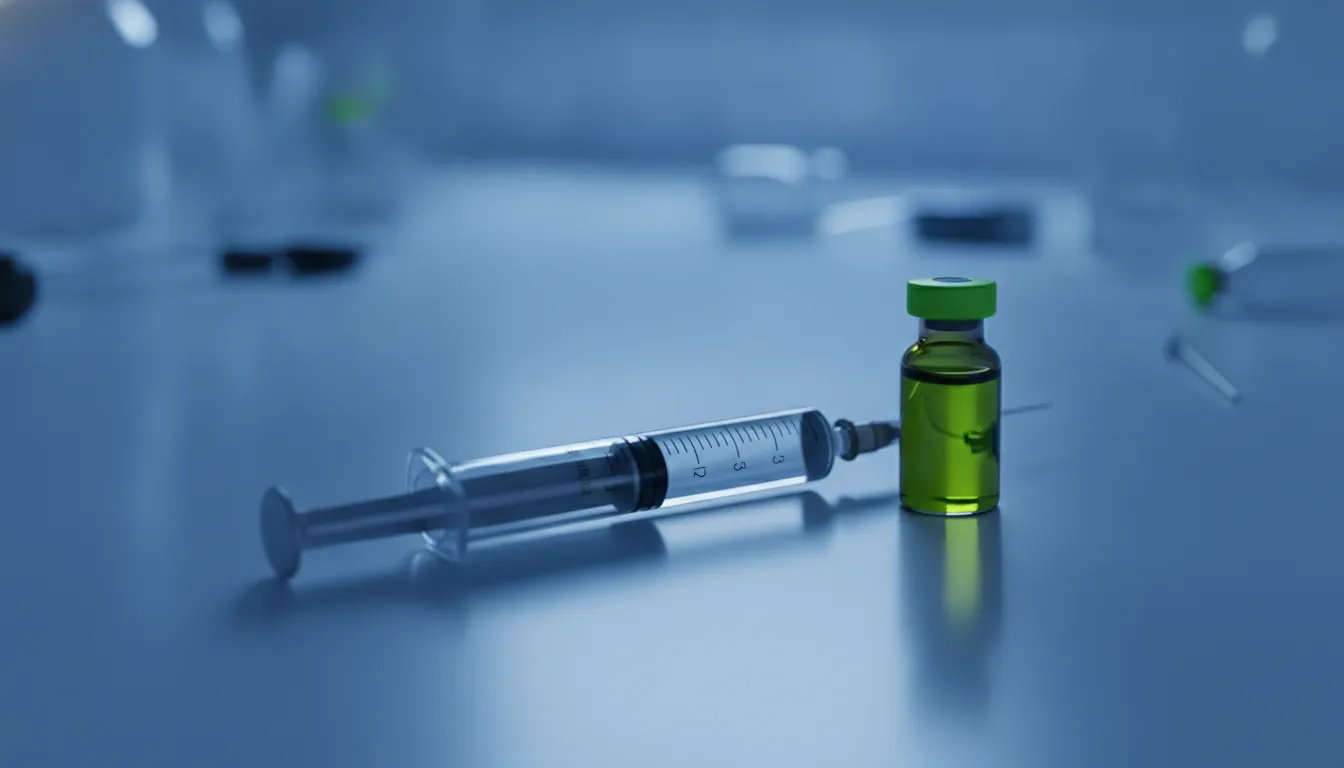 A syringe and vial in a dimly lit lab setting