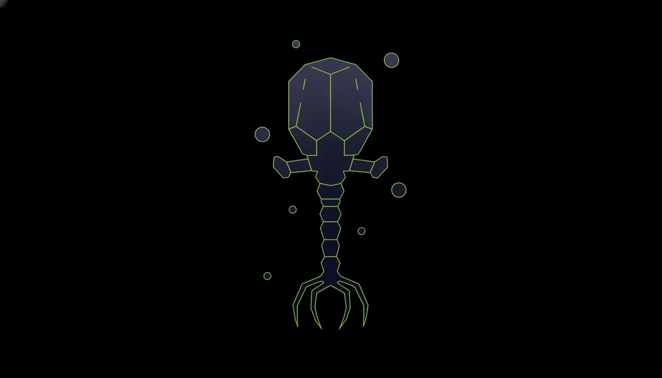 A minimalist representation of a bacteriophage virus in a dark color scheme.