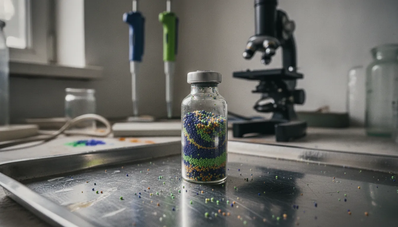 A glass vial with a colorful drug compound on a lab bench