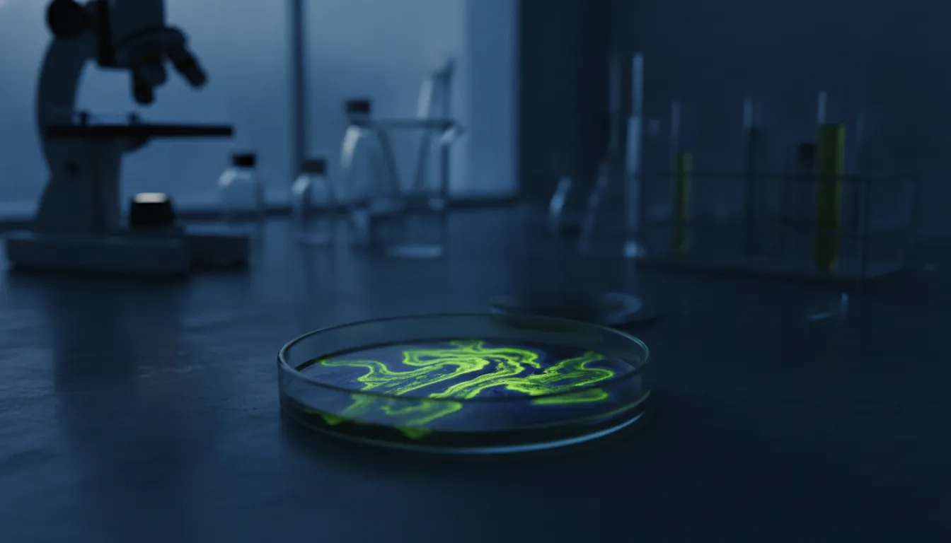 Petri dish with bacterial culture in a dimly lit lab