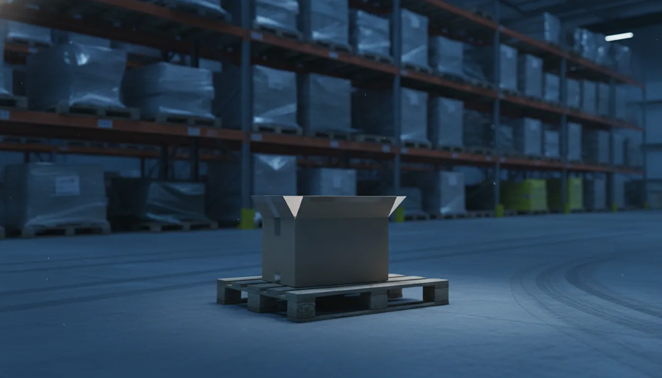 A cardboard box in a dimly lit warehouse setting