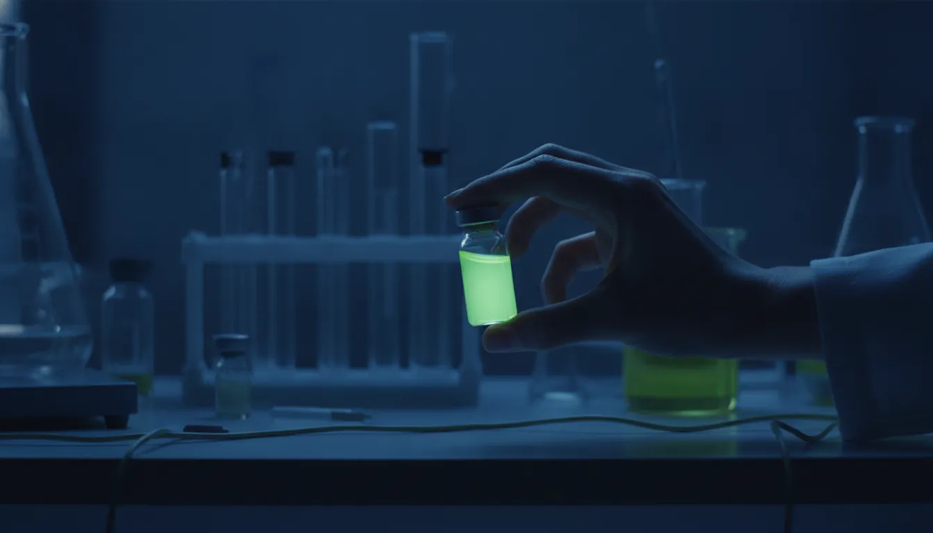 A hand holding a vial of medication in a dimly lit lab setting.