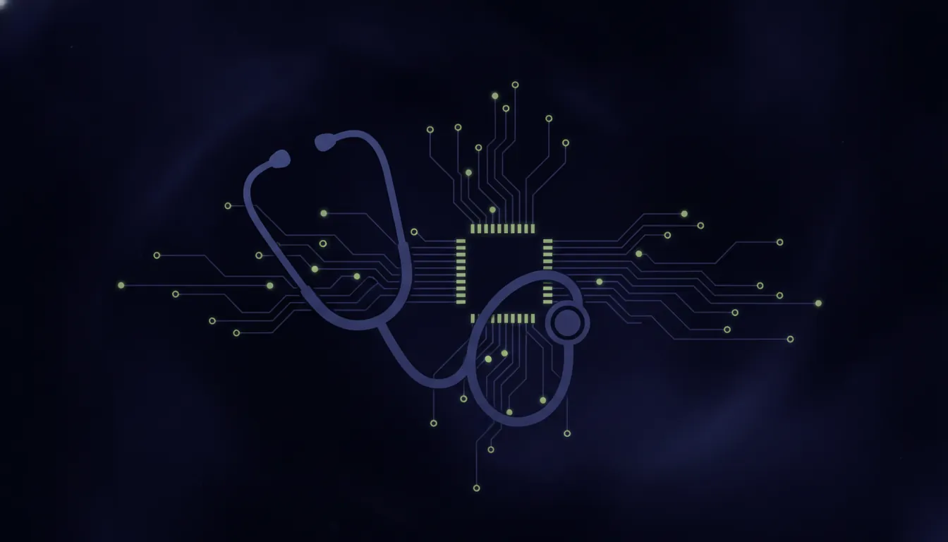A stethoscope and circuit board silhouette representing diagnostic AI.