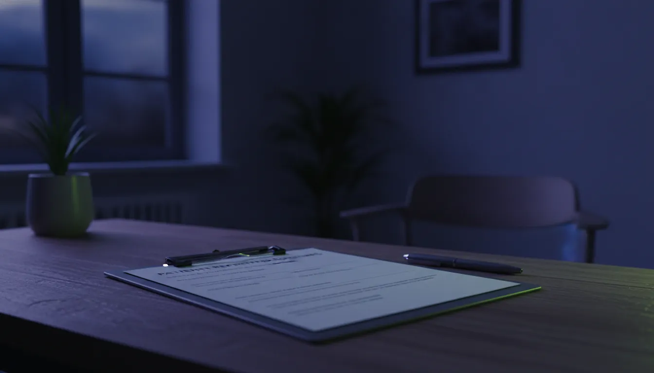 A clipboard with a patient-reported outcomes form on a wooden desk in a dimly lit healthcare office.