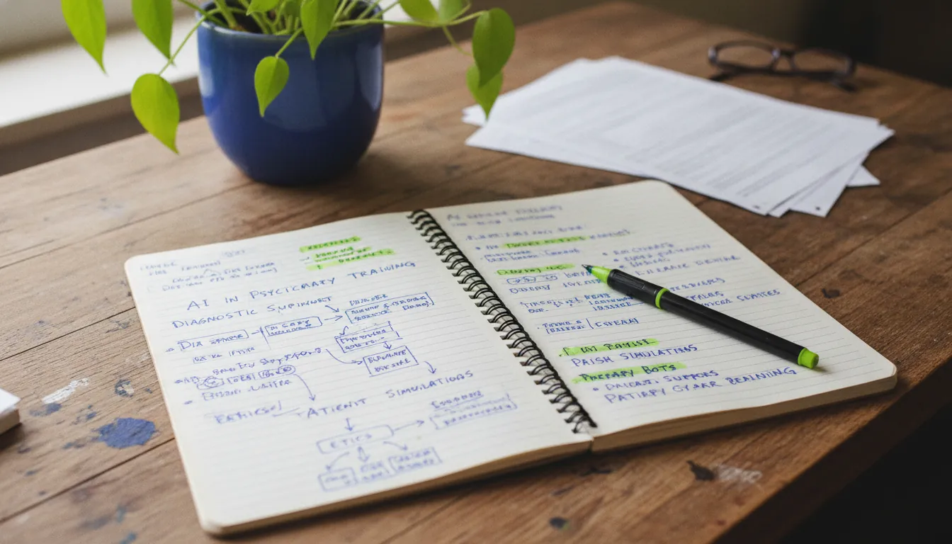 A notebook and pen on a wooden desk in a study room
