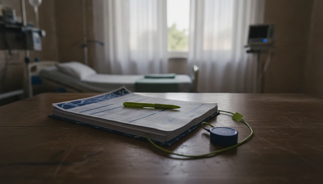 A patient chart on a wooden desk in a hospital room