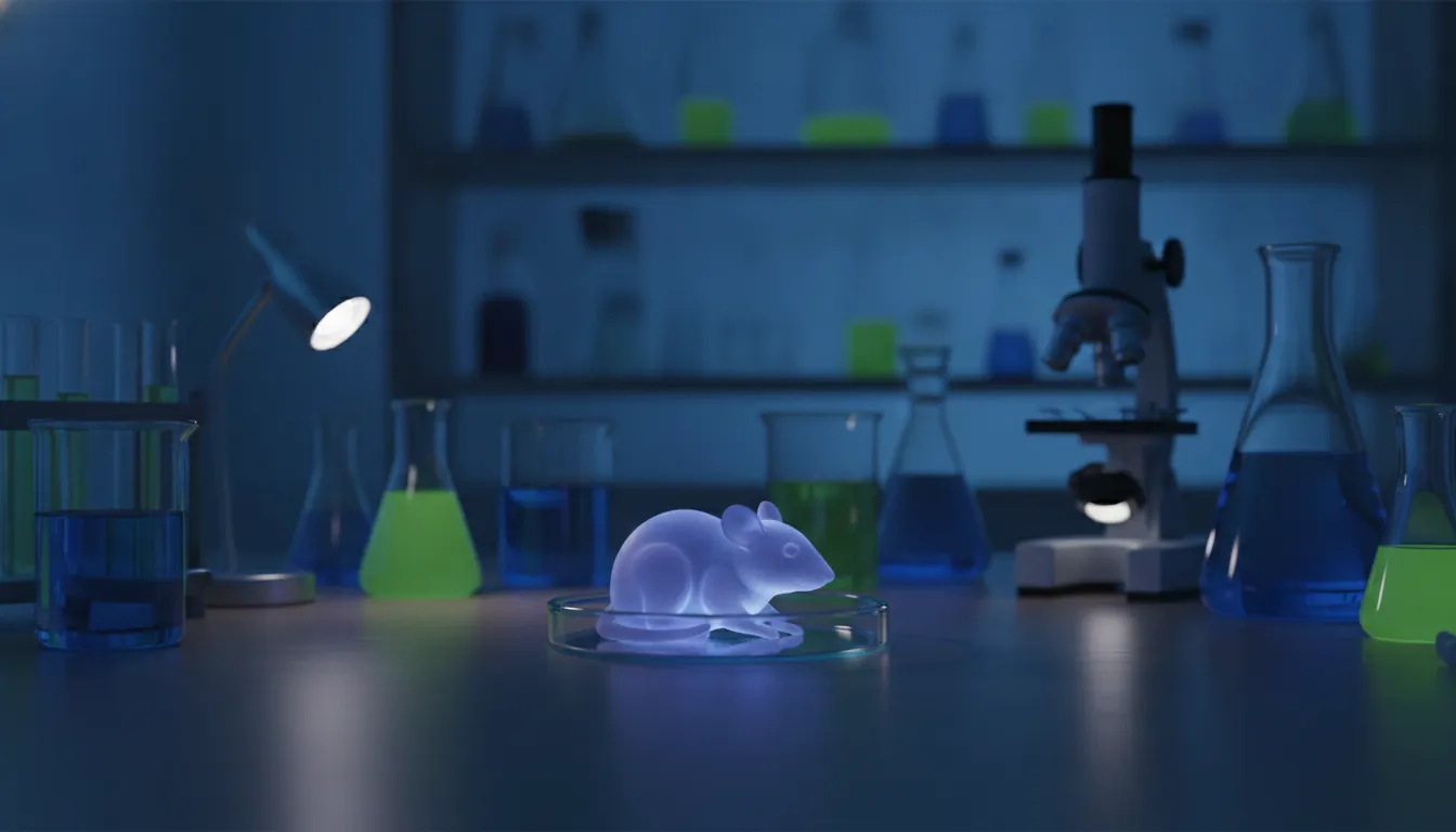 A mouse model in a petri dish on a lab bench, surrounded by glassware.