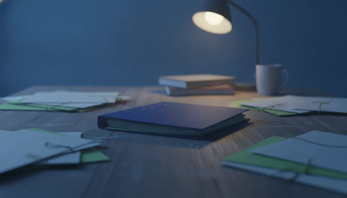 A patient record on a desk in a dimly lit office