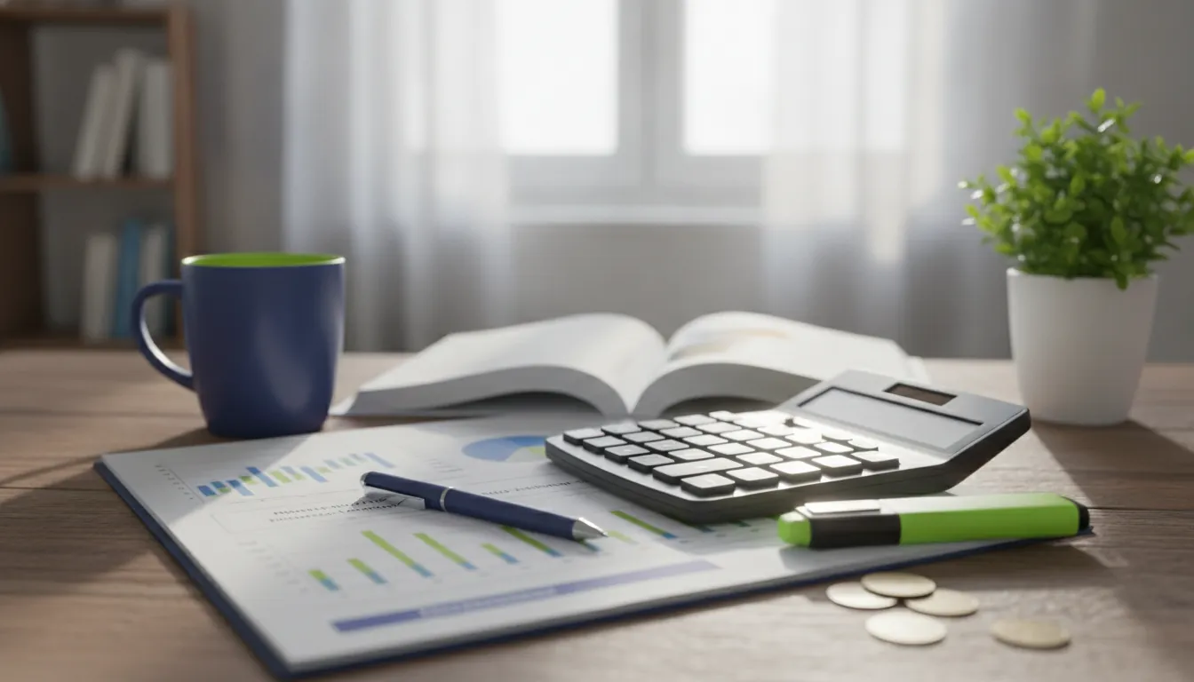 An office desk with a financial report and calculator in natural light.