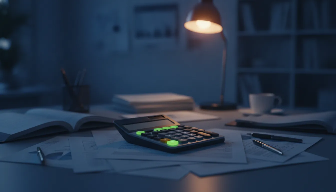 A calculator on an office desk with financial documents in a dimly lit setting.