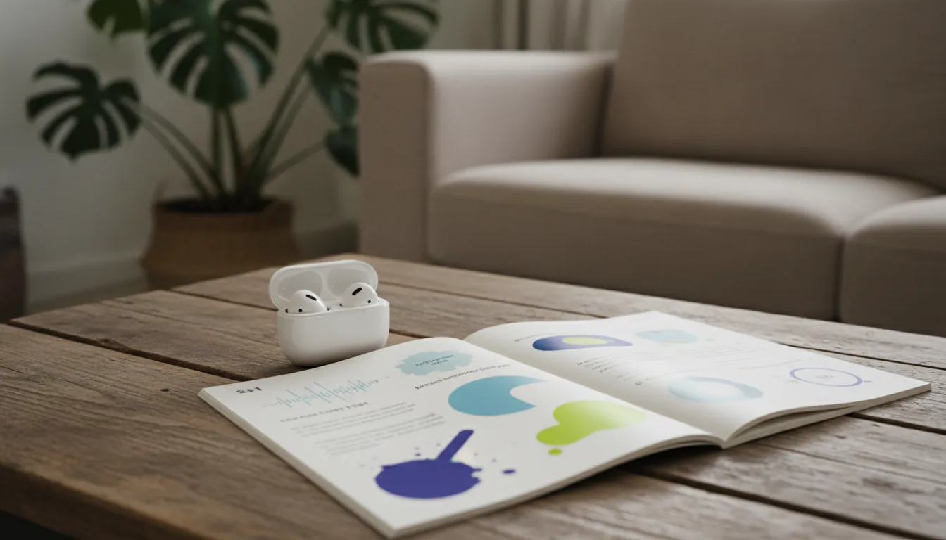 Samsung Galaxy Buds on a wooden table with a hearing test booklet