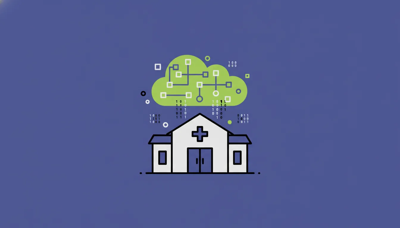 A minimalist representation of a rural hospital with a digital cloud, symbolizing healthcare technology integration.