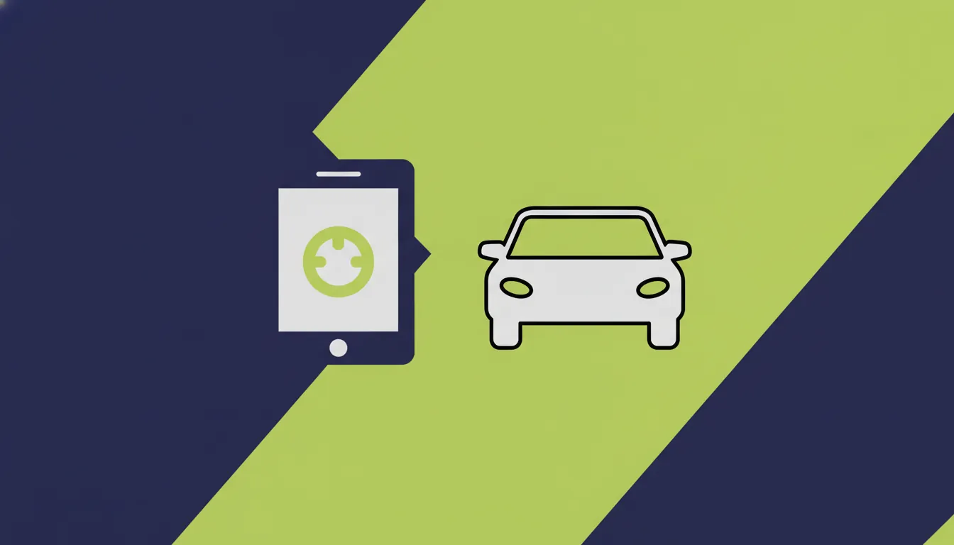 A flat illustration of a diagnostic tablet and vehicle silhouette on a solid background.