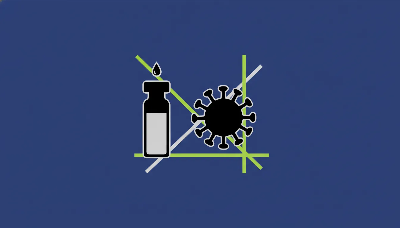 A minimalist illustration of a vaccine vial and virus silhouette on a solid background.