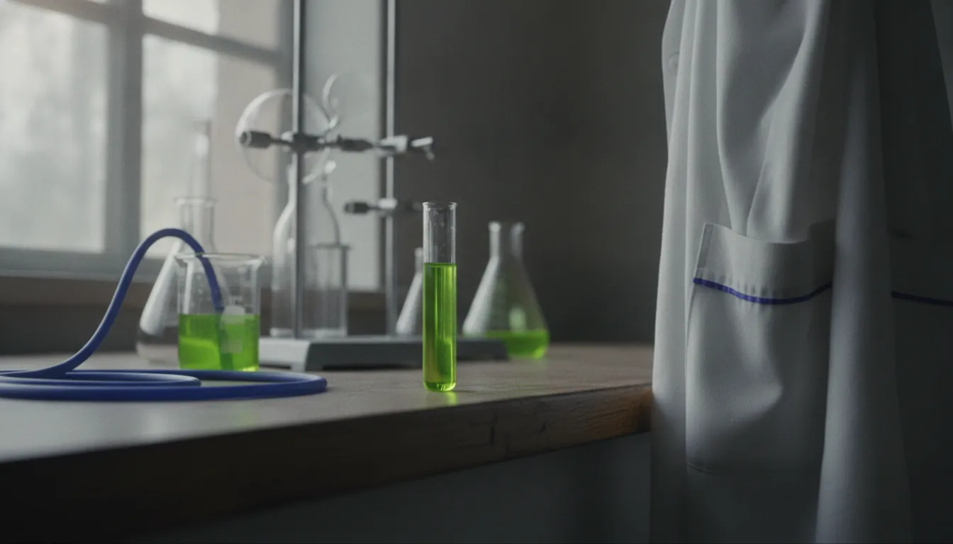 A test tube on a lab bench in a bright laboratory setting.