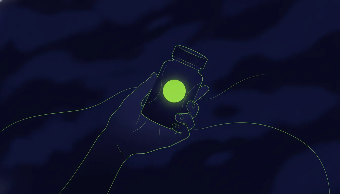 A minimalist illustration of a pill bottle and a hand on a dark background.