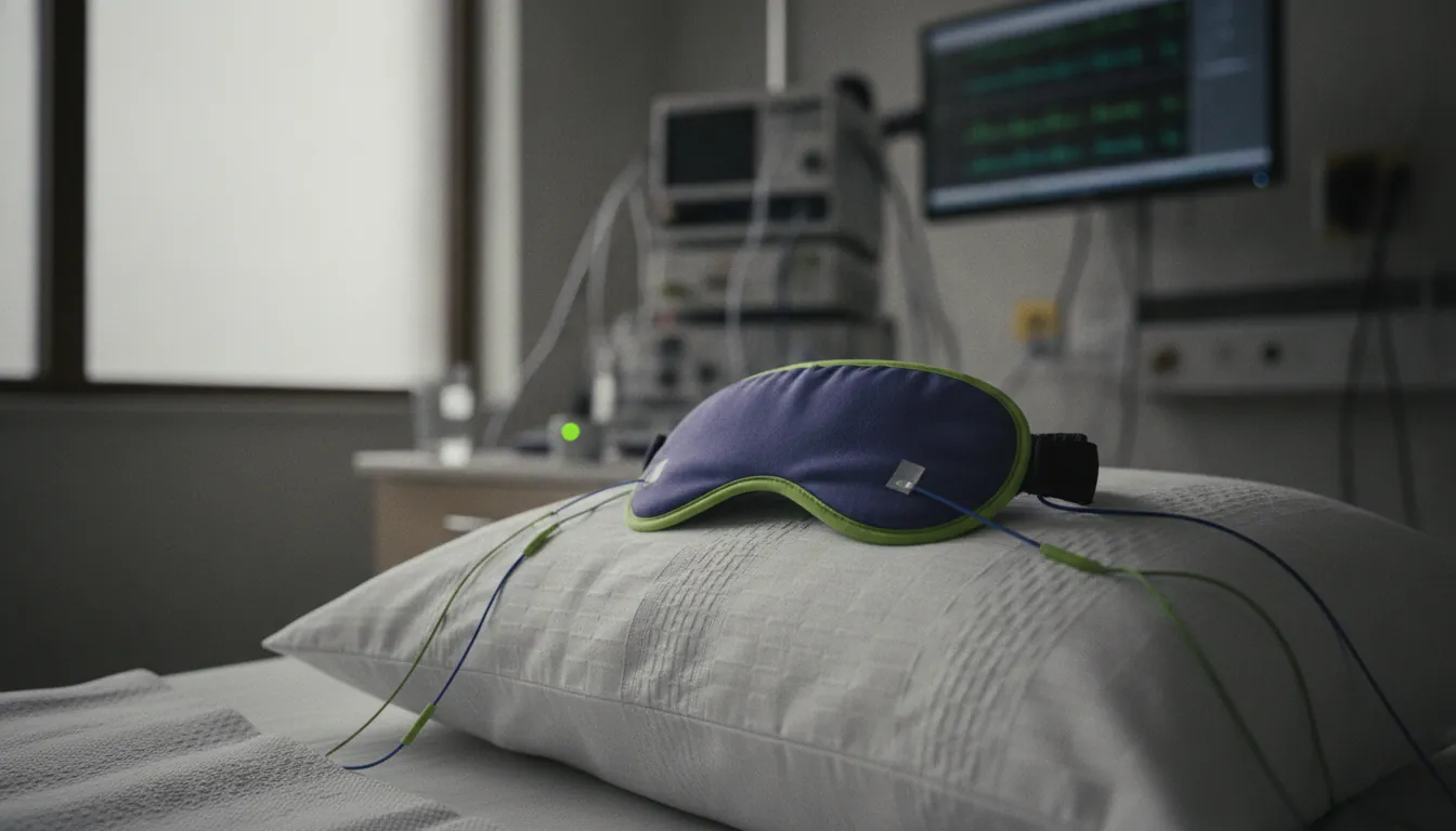 A sleep mask on a pillow in a sleep lab