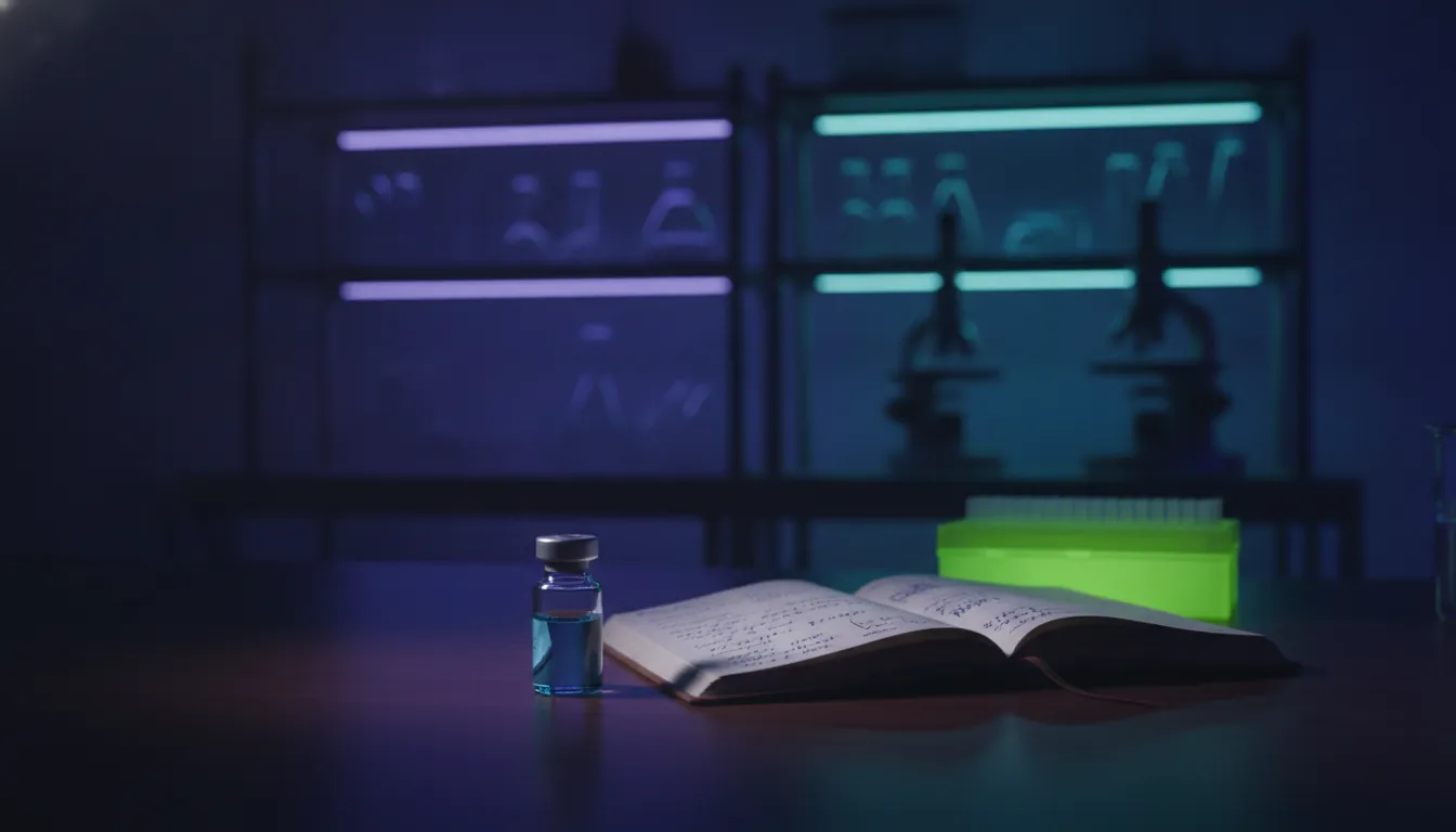 A clinical trial vial and notebook in a dimly lit lab setting.