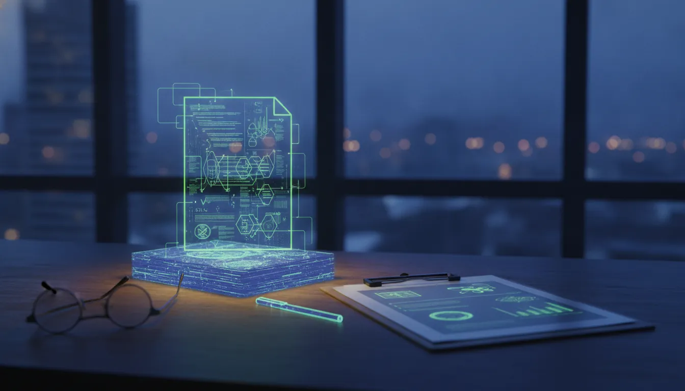 A data file and clipboard in a dimly lit office setting, symbolizing healthcare data integration.